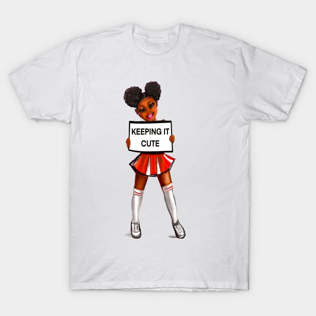 Inspirational motivational affirmation black anime girl cheerleader with Afro hair in puffs, brown eyes and dark brown skin side profile. Hair love ! T-Shirt by Artonmytee